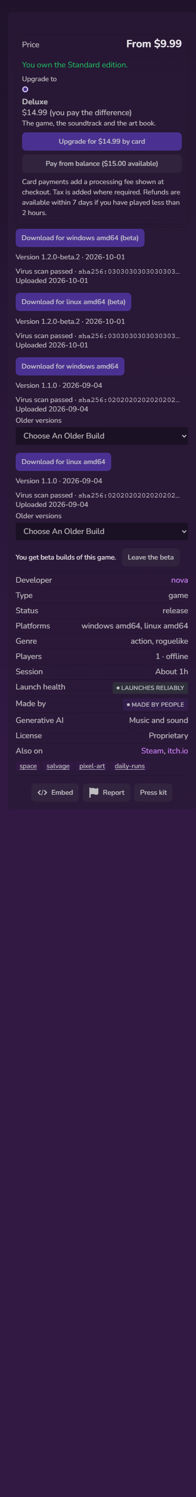 The store page sidebar with downloads, the beta panel and game facts