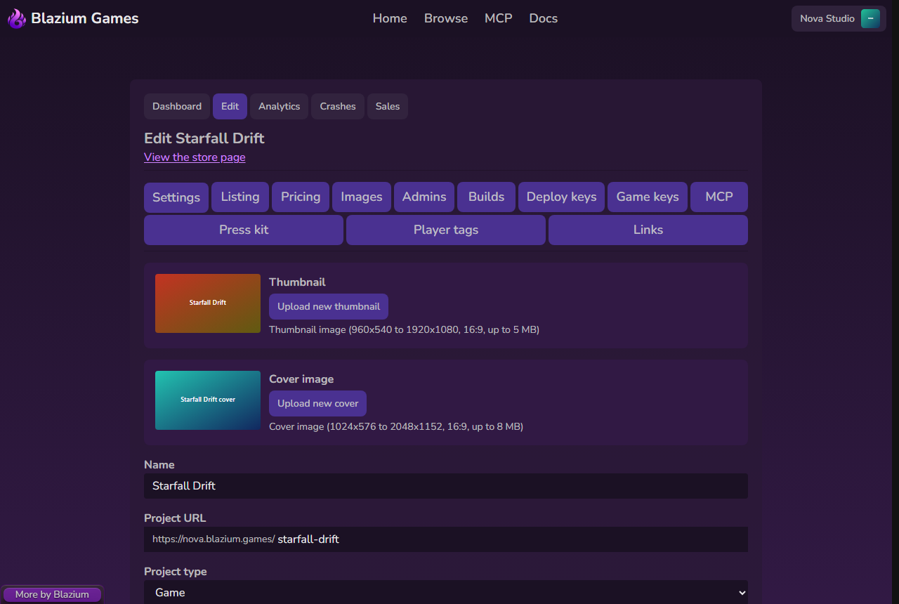The edit page Settings tab