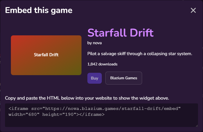 The Embed this game dialog